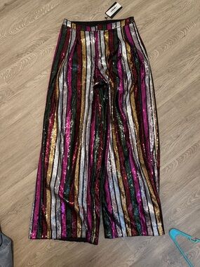 Fate Multicolor Sequin Stripe Pants — Black Trim